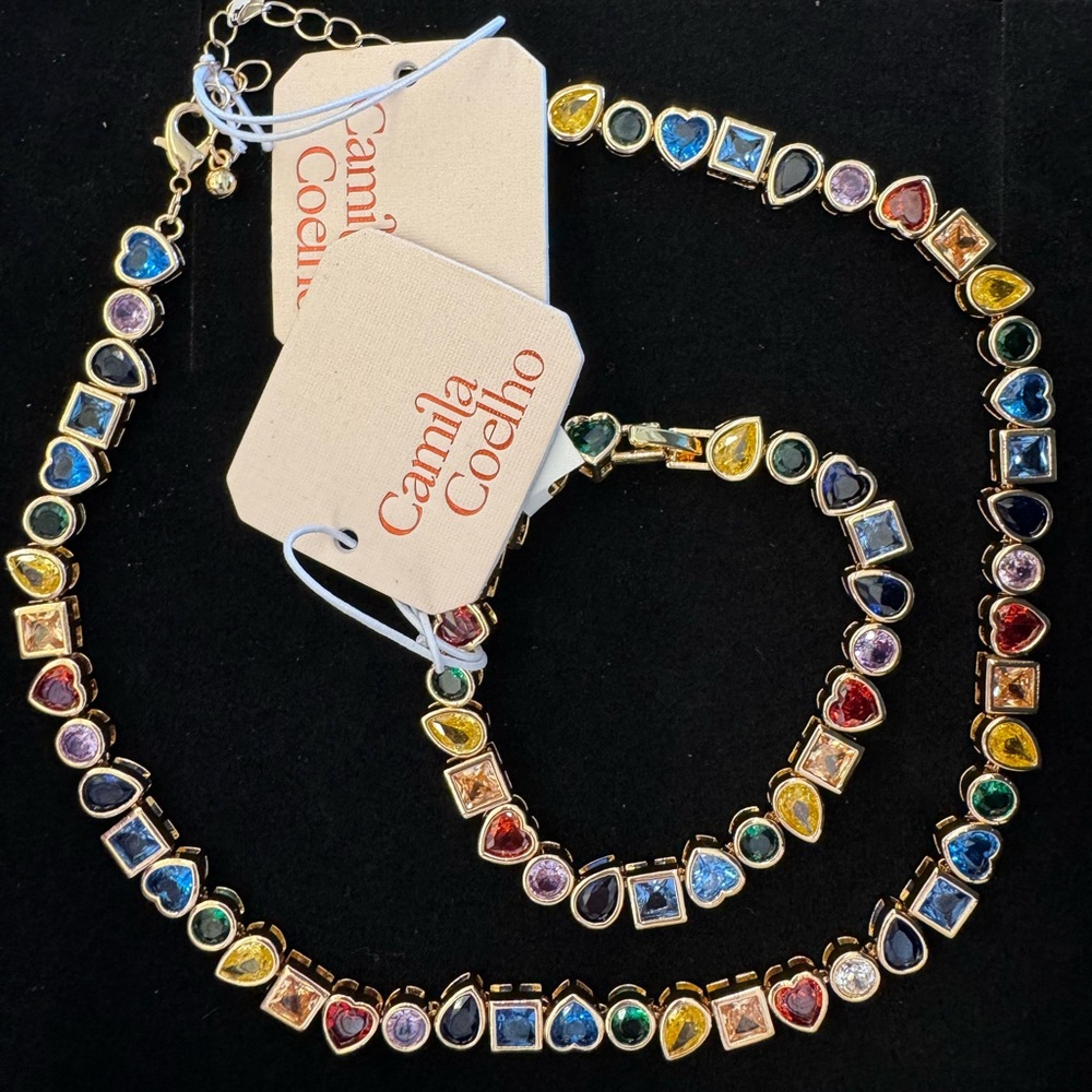 NWT! Camila Coelho Sparkling Rainbow Gemstone Bejeweled Bracelet & Necklace SET